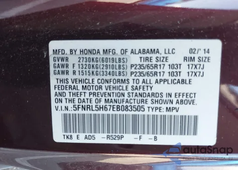 2014 Honda Odyssey Ex-L из США, поврежденный, VIN 5FNRL5H67EB083505